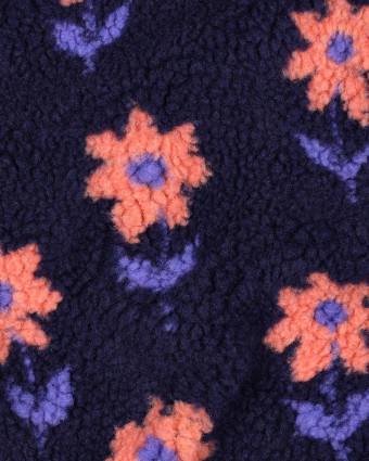 Tissu Sherpa Bleu Marine Motif Fleuri Pêche - Mercerine