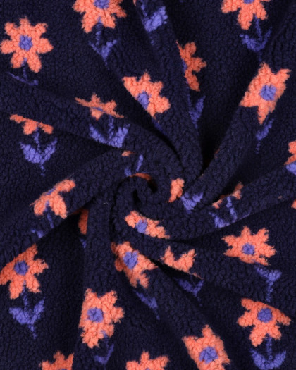 Tissu Sherpa Bleu Marine Motif Fleuri Pêche - Mercerine