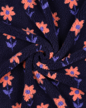 Tissu Sherpa Bleu Marine Motif Fleuri Pêche - Mercerine