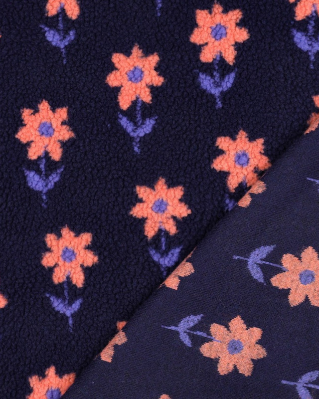 Tissu Sherpa Bleu Marine Motif Fleuri Pêche - Mercerine