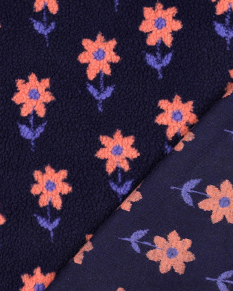 Tissu Sherpa Bleu Marine Motif Fleuri Pêche - Mercerine