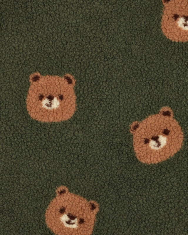 Tissu Sherpa Vert Kaki Motif Nounours - Mercerine