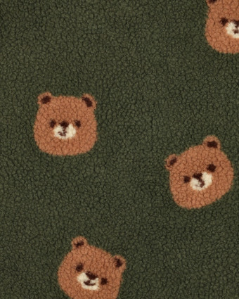 Tissu Sherpa Vert Kaki Motif Nounours - Mercerine