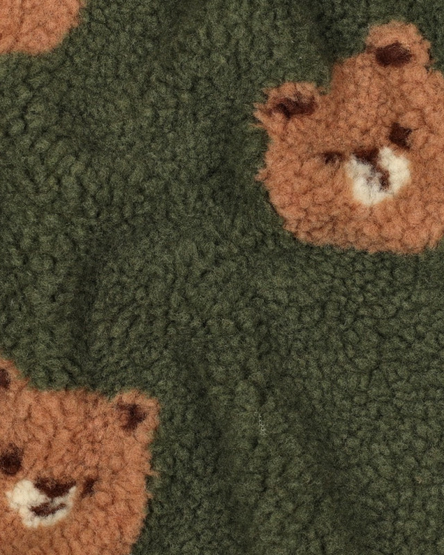 Tissu Sherpa Vert Kaki Motif Nounours - Mercerine