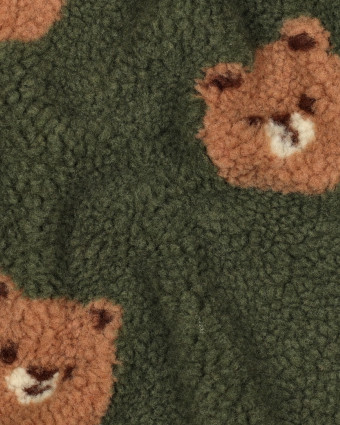 Tissu Sherpa Vert Kaki Motif Nounours - Mercerine