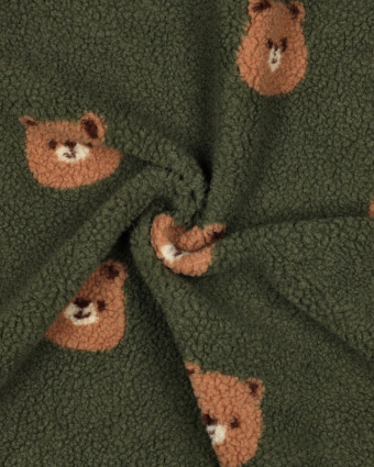 Tissu Sherpa Vert Kaki Motif Nounours - Mercerine