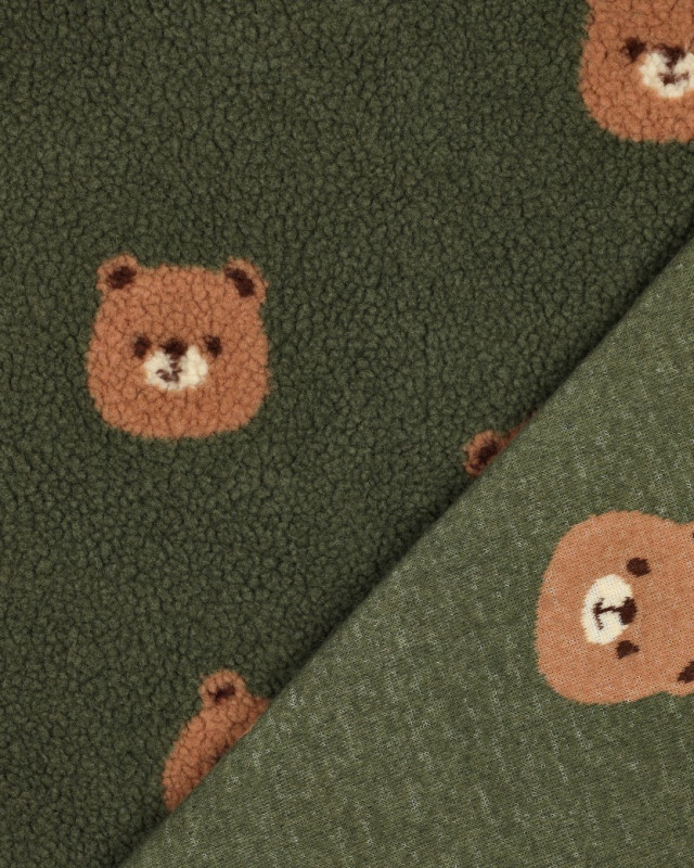 Tissu Sherpa Vert Kaki Motif Nounours - Mercerine