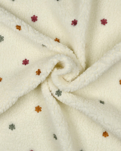 Tissu Sherpa Ecru Motif Fleuri Brodé - Mercerine