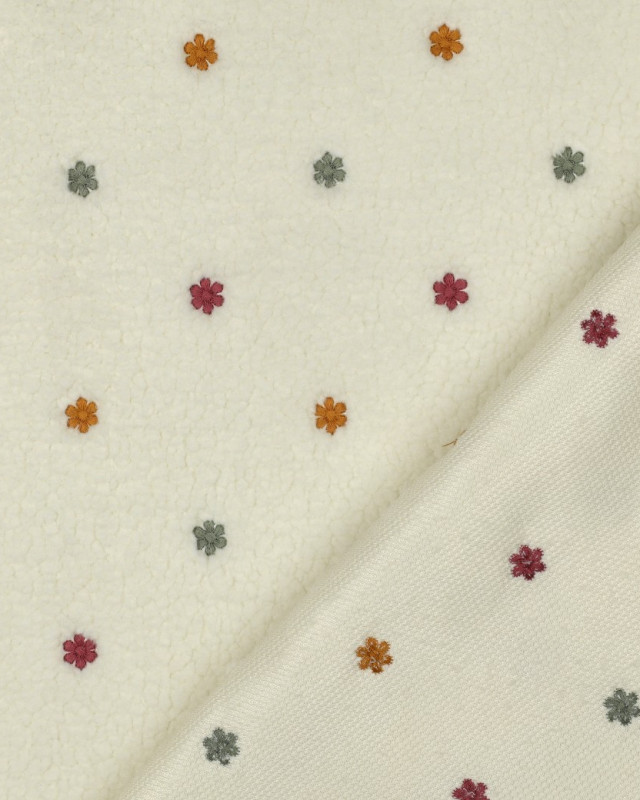Tissu Sherpa Ecru Motif Fleuri Brodé - Mercerine