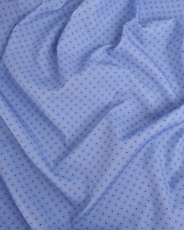 Popeline de Coton à Carreaux et Coeur Bleu - Mercerine