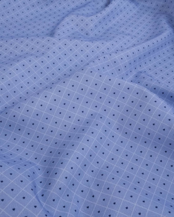 Popeline de Coton à Carreaux et Coeurs Bleus - Mercerine