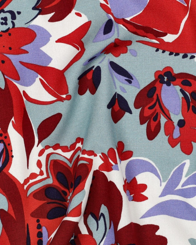Tissu Viscose Stretch  Motif Fleuri Céladon et Terracotta - Mercerine