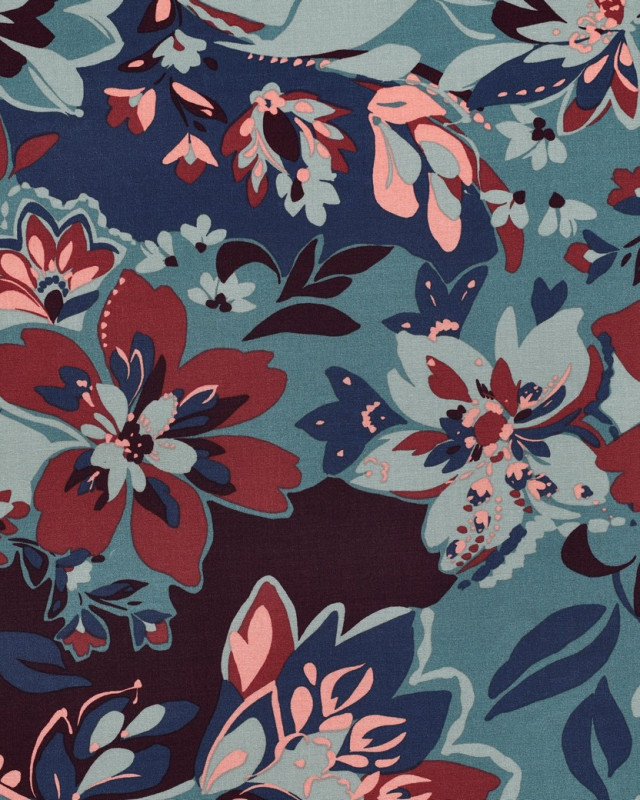 Tissu Viscose Stretch Motif Fleuri Bleu Vert et Prune - Mercerine