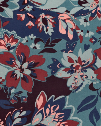 Tissu Viscose Stretch Motif Fleuri Bleu Vert et Prune - Mercerine