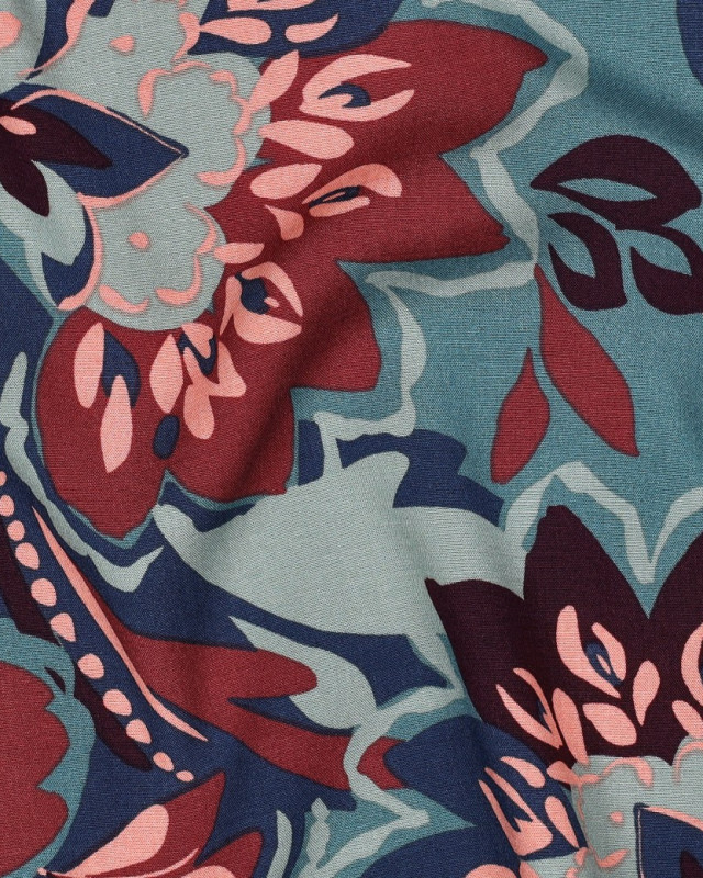 Tissu Viscose Stretch Motif Fleuri Bleu Vert et Prune - Mercerine