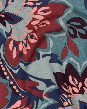 Tissu Viscose Stretch Motif Fleuri Bleu Vert et Prune - Mercerine