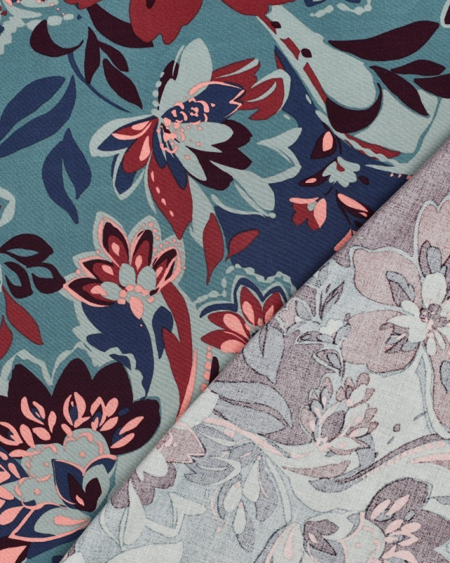 Tissu Viscose Stretch Motif Fleuri Bleu Vert et Prune - Mercerine