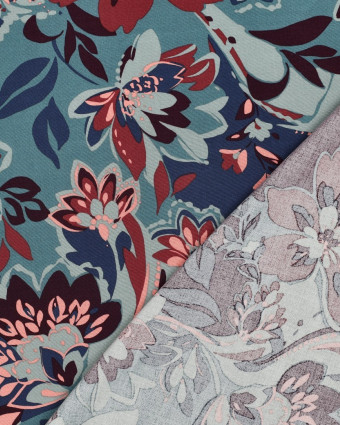 Tissu Viscose Stretch Motif Fleuri Bleu Vert et Prune - Mercerine