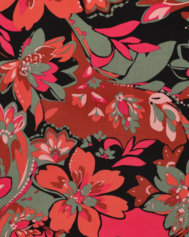 Tissu Viscose Stretch Motif Fleuri Fuchsia et Orange - Mercerine