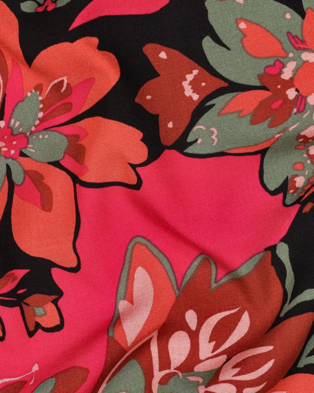 Tissu Viscose Stretch Motif Fleuri Fuchsia et Orange - Mercerine