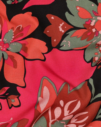Tissu Viscose Stretch Motif Fleuri Fuchsia et Orange - Mercerine