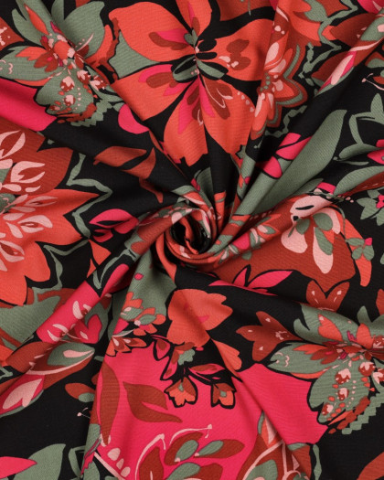Tissu Viscose Stretch Motif Fleuri Fuchsia et Orange - Mercerine