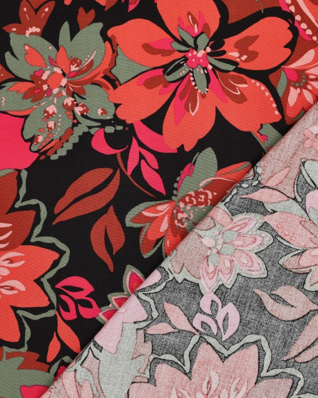 Tissu Viscose Stretch Motif Fleuri Fuchsia et Orange - Mercerine