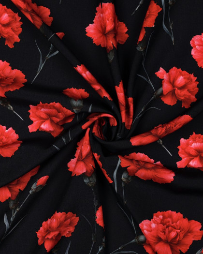 Tissu Viscose Noir Motif Fleuri Rouge - Mercerine