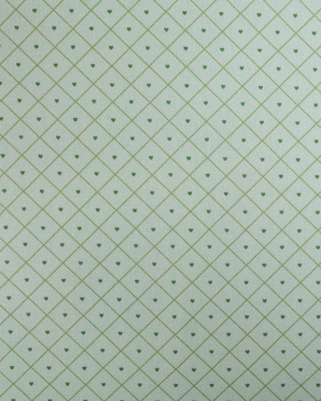 Popeline de Coton à Carreaux et Coeurs Verts - Mercerine