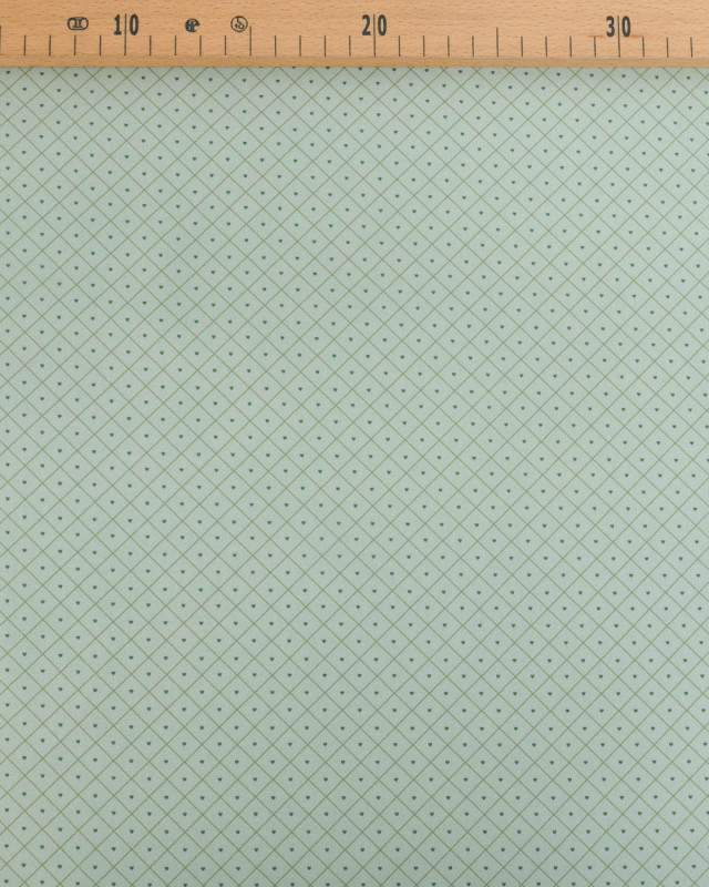 Popeline de Coton à Carreaux et Coeurs Verts - Mercerine