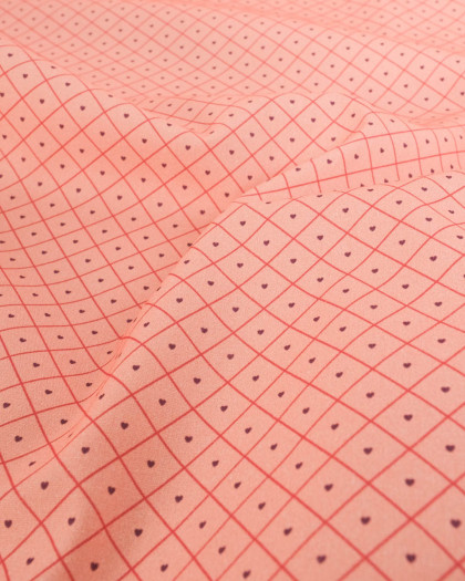 Popeline de Coton à Carreaux et Coeurs Rouges - Mercerine
