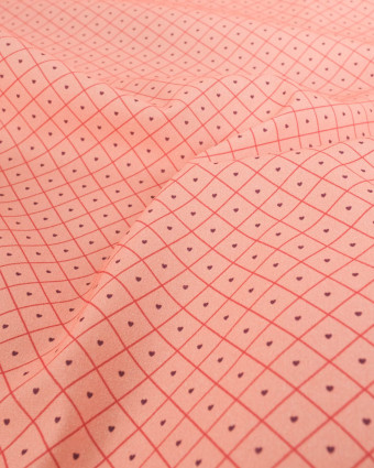 Popeline de Coton à Carreaux et Coeurs Rouges - Mercerine