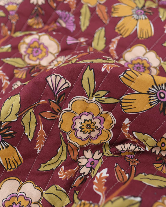 Tissu Matelassé Double Face Bordeaux et Kaki Motif Fleuri - Mercerine
