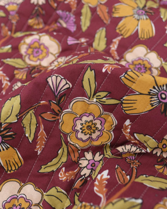 Tissu Matelassé Double Face Bordeaux et Kaki Motif Fleuri - Mercerine