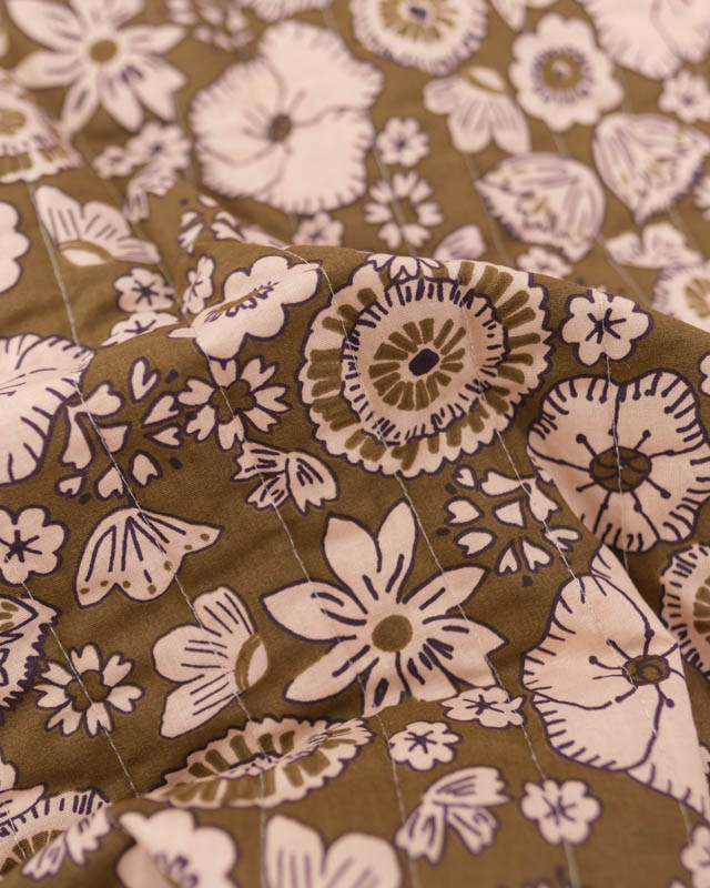 Tissu Matelassé Double Face Bordeaux et Kaki Motif Fleuri - Mercerine