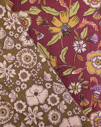 Tissu Matelassé Double Face Bordeaux et Kaki Motif Fleuri - Mercerine