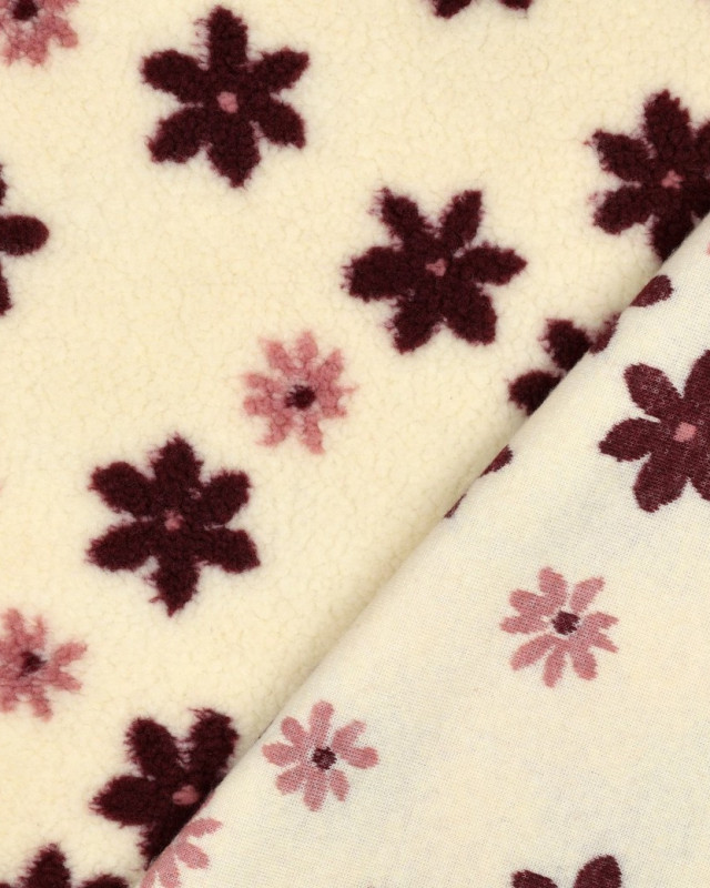 Tissu Sherpa Ecru Motif Fleuri Bordeaux et Rose - Mercerine