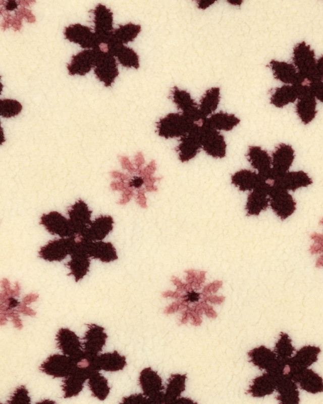 Tissu Sherpa Ecru Motif Fleuri Bordeaux et Rose - Mercerine