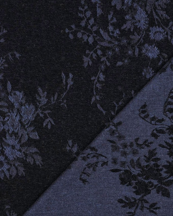 Tissu Denim Velours Jacquard Fleuri Noir et Bleu - Mercerine