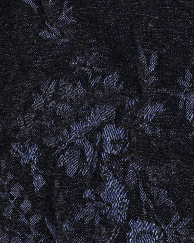 Tissu Denim Velours Jacquard Fleuri Noir et Bleu - Mercerine