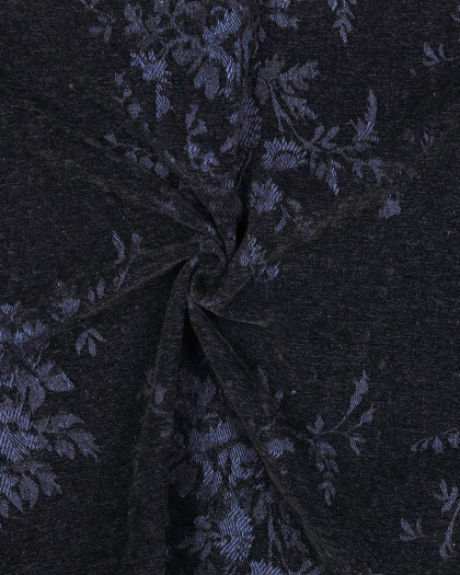 Tissu Denim Velours Jacquard Fleuri Noir et Bleu - Mercerine