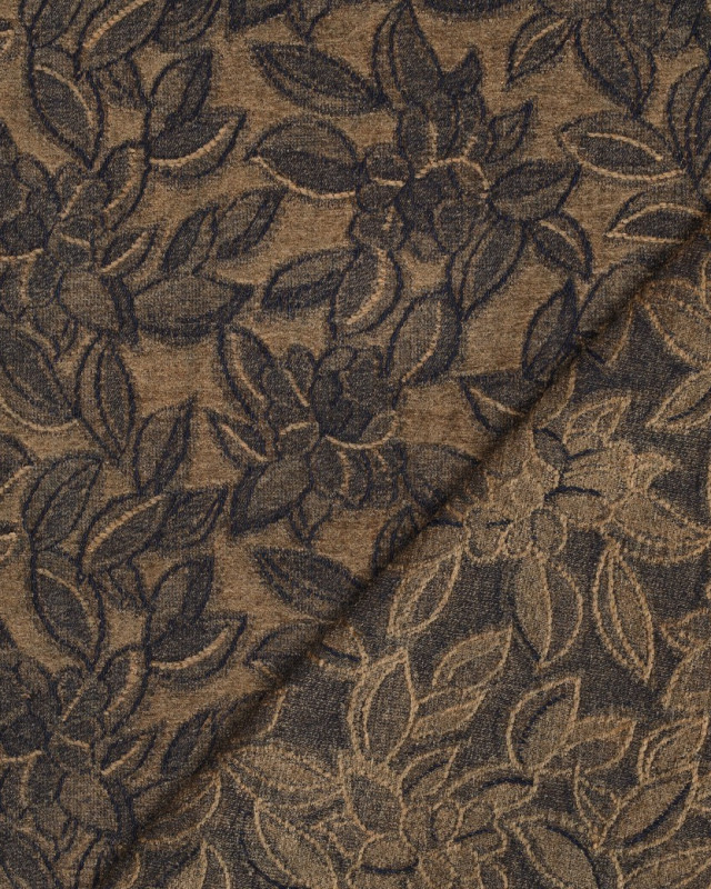 Tissu Denim Velours Jacquard Fleuri Taupe et Bleu - Mercerine