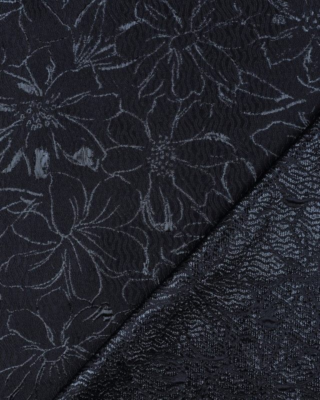 Tissu Jacquard Motif Fleuri Bleu Marine - Mercerine