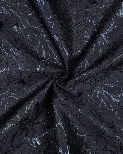 Tissu Jacquard Motif Fleuri Bleu Marine - Mercerine