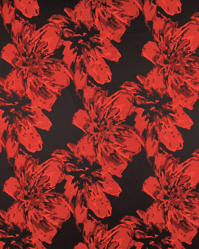 Tissu Jacquard Noir Motif Fleuri Rouge - Mercerine