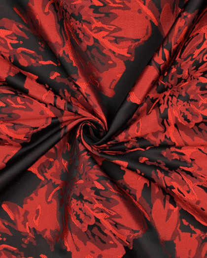 Tissu Jacquard Noir Motif Fleuri Rouge - Mercerine