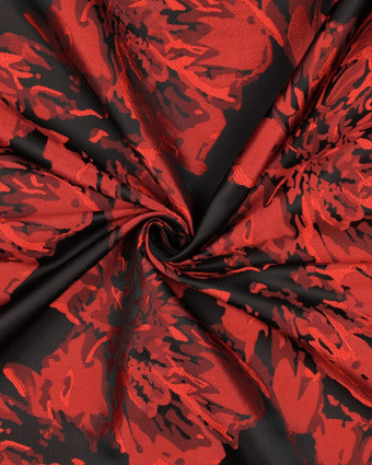 Tissu Jacquard Noir Motif Fleuri Rouge - Mercerine