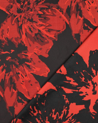 Tissu Jacquard Noir Motif Fleuri Rouge - Mercerine
