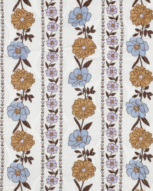 Tissu Matelassé Double Gaze Blanc Motif Fleuri Lilas et Bleu - Mercerine