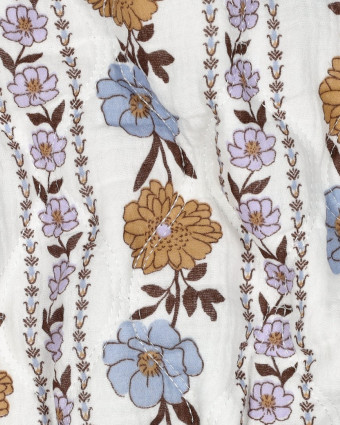 Tissu Matelassé Double Gaze Blanc Motif Fleuri Lilas et Bleu - Mercerine